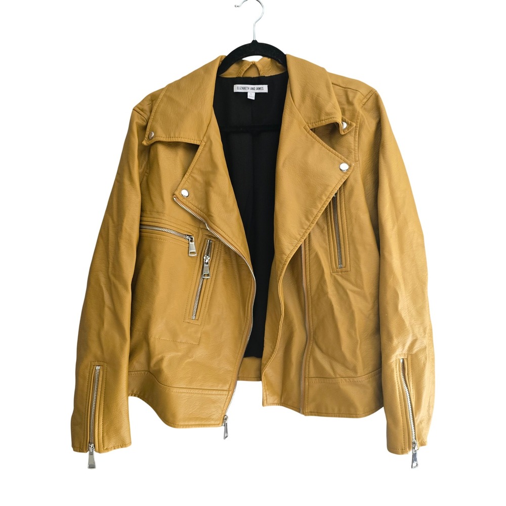 Elizabeth and James Mustard Yellow Faux Leather Moto Jacket Womens Large 3854